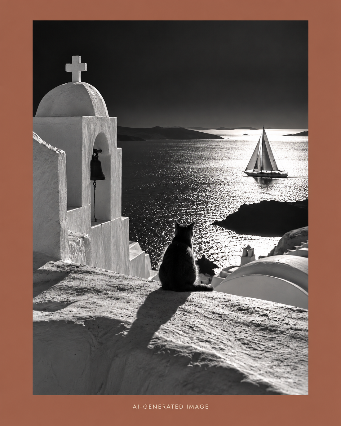 AI-generated black-and-white scene of a cat beside a white chapel, overlooking a sailboat and shimmering sea, inside a reddish-brown border labelled AI-GENERATED IMAGE.